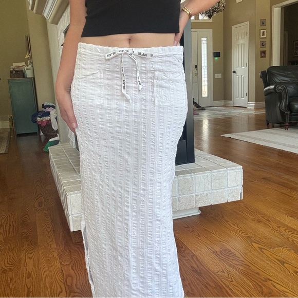 90s Lowrise White Textured Straight Maxi Skirt Tie Waist Logo Front Pocket - Picture 1 of 7